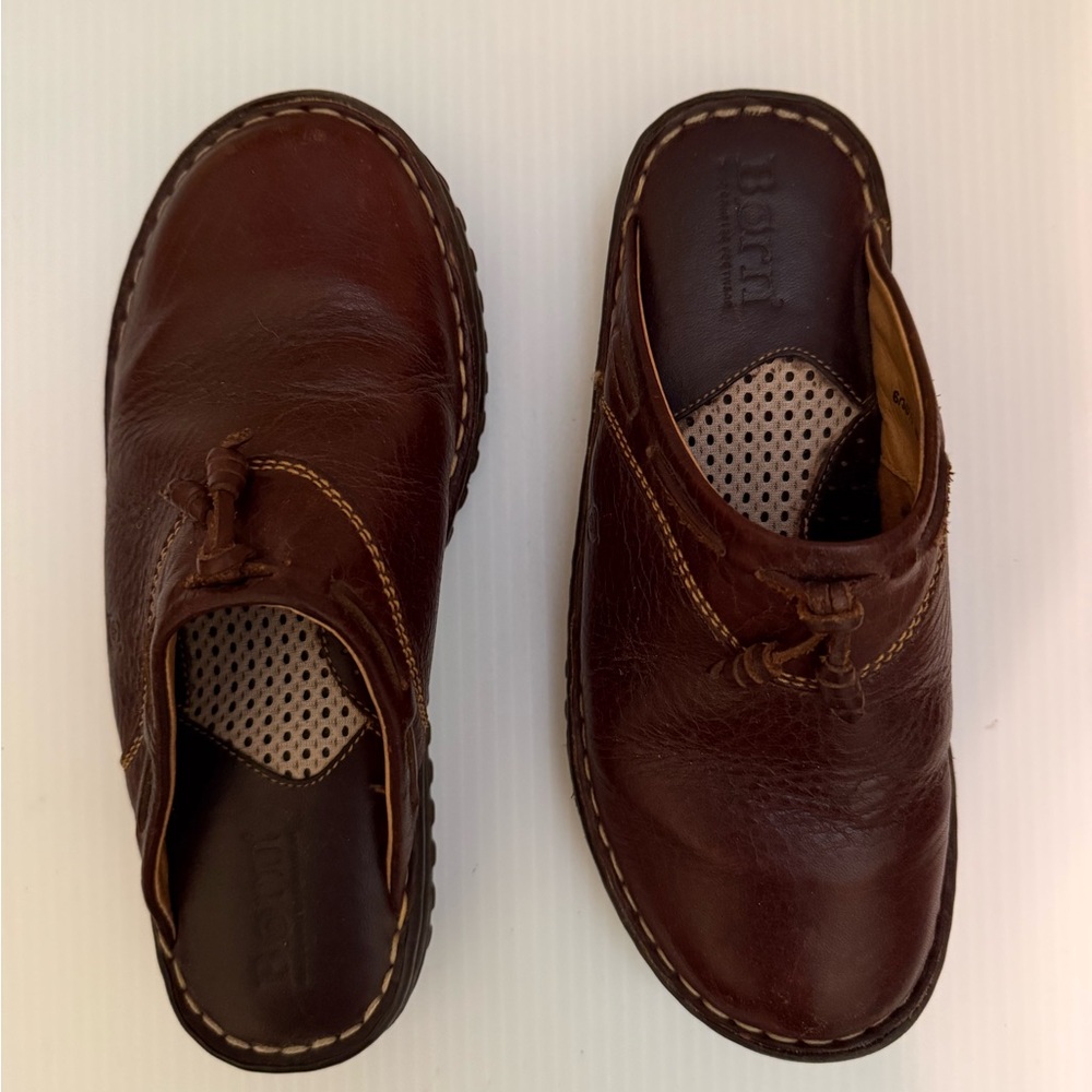 Born Dark Brown Leather Slip On Mules with Tassels
